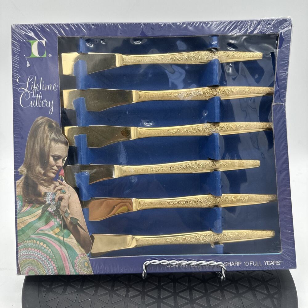 Vintage New Old Stock Lifetime Cutlery Golden Banquet Dinner Knives Set of 6